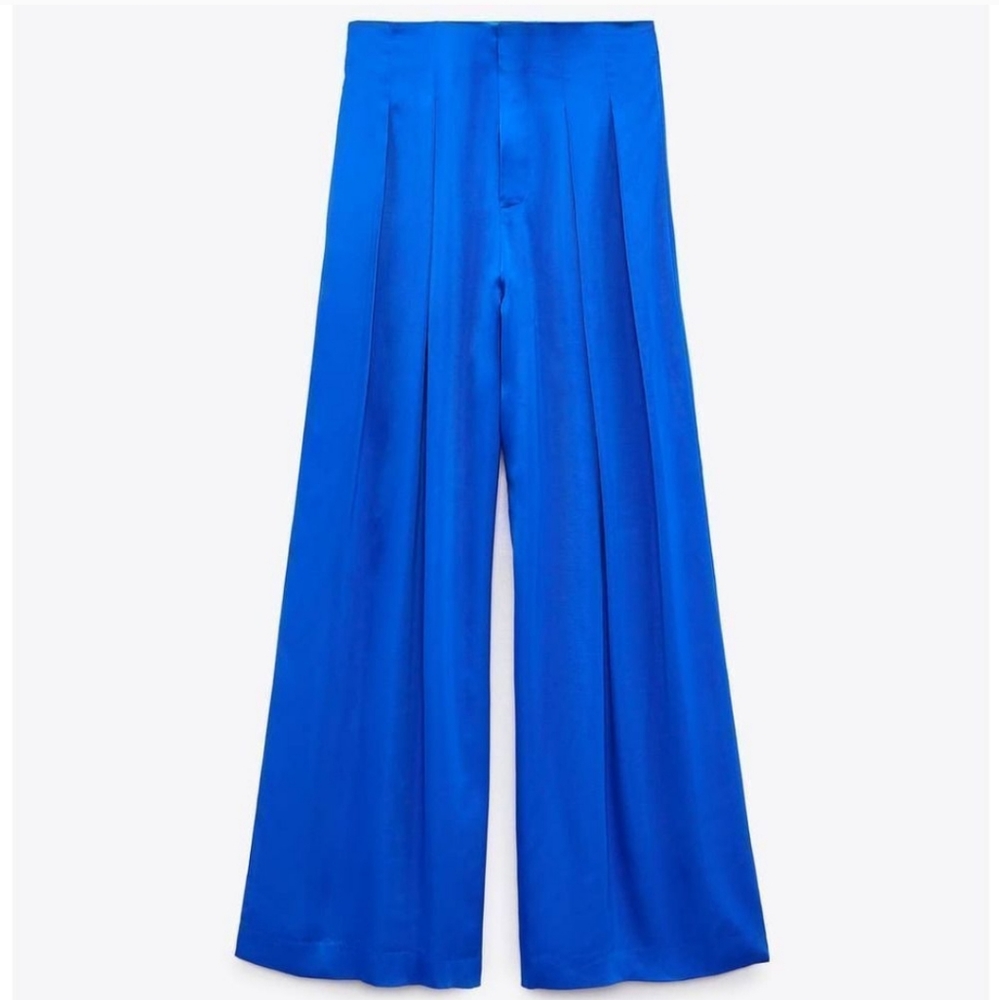 Zara Satin Effect Wide Pants Trousers Blue - Picture 12 of 13